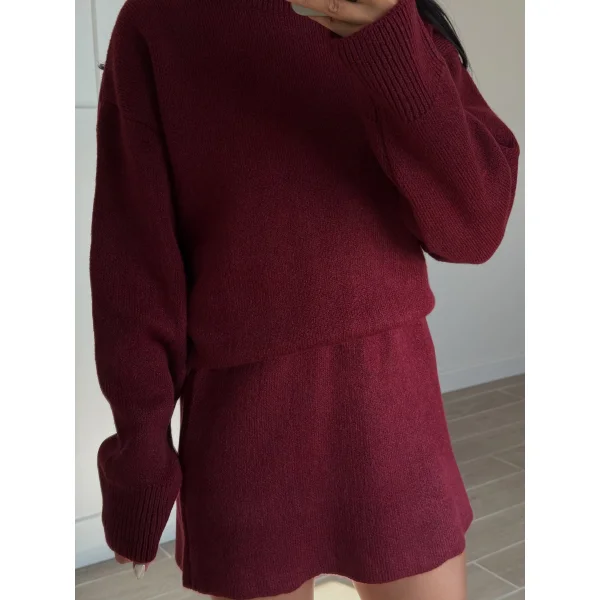 Bordo İkili Etek Kazak Triko Takım