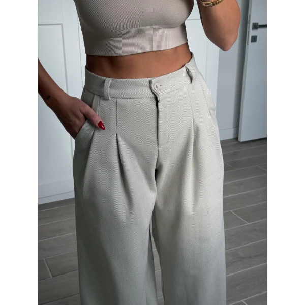 Balıksırtı Pamuklu Palazzo Pantolon Krem