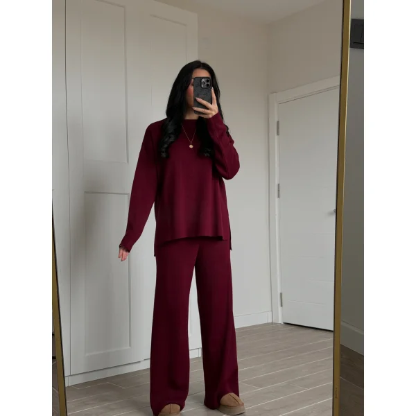Bisiklet Yaka Yırtmaçlı Kazak Pantolon Triko Takım Bordo