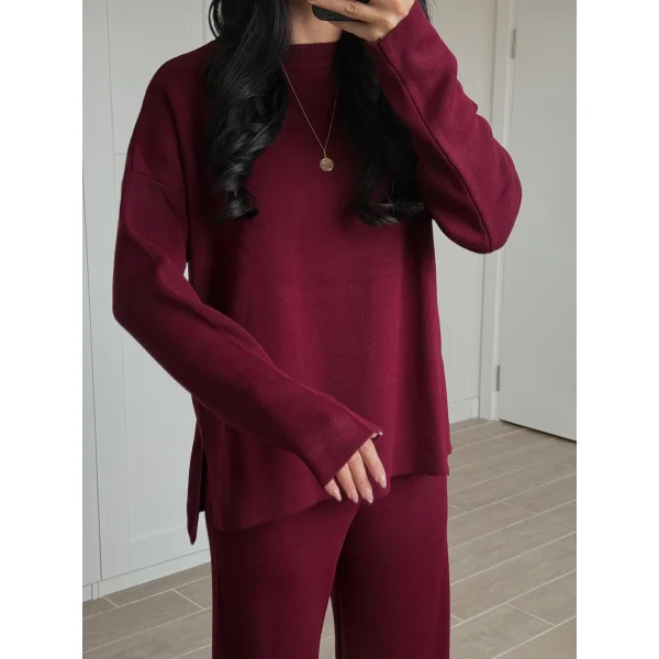 Bisiklet Yaka Yırtmaçlı Kazak Pantolon Triko Takım Bordo