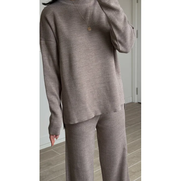 Bisiklet Yaka Yırtmaçlı Kazak Pantolon Triko Takım Vizon