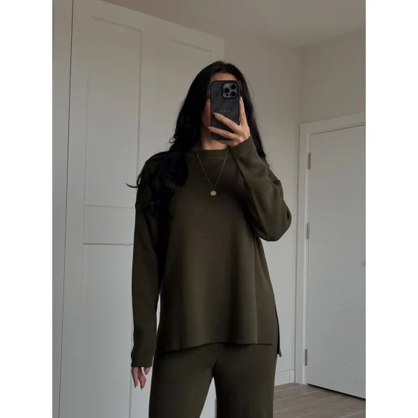 Bisiklet Yaka Yırtmaçlı Kazak Pantolon Triko Takım Haki