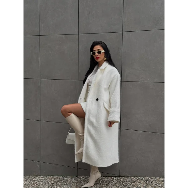 Yün Oversize Buklet Kaban Beyaz