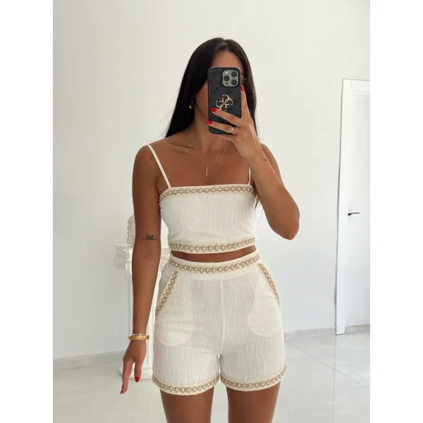 İşleme Detaylı Keten Şort - Ekru