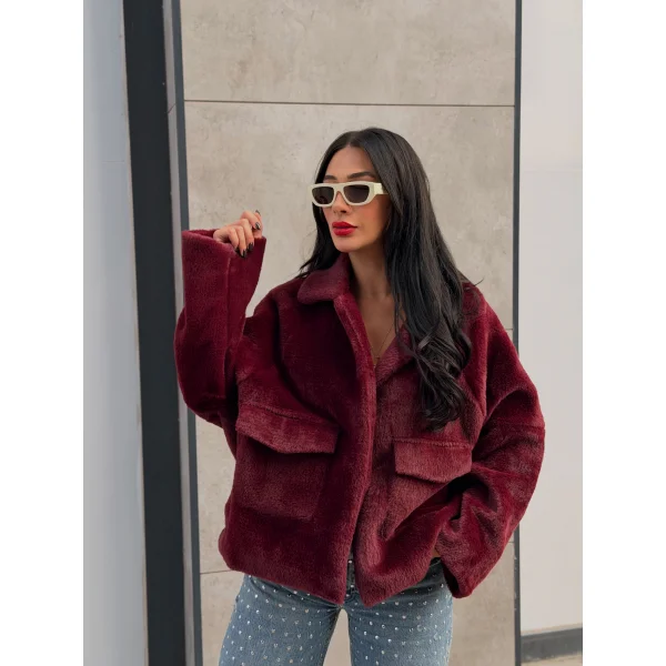 Cepli Alpaka Kürk Kısa Kaban-Bordo