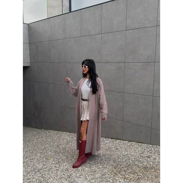 Yumoş Doku Uzun Hırka-Vizon