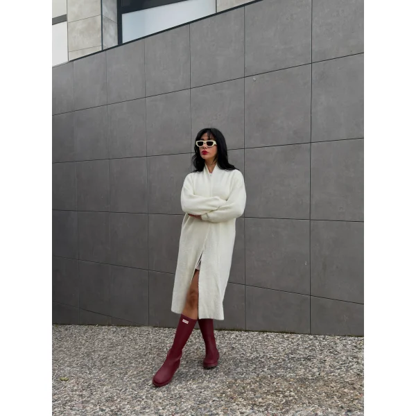 Yumoş Doku Uzun Hırka-Ekru