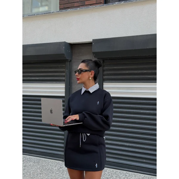 Gömlek Yaka Sweat Etek İkili Takım-Lacivert