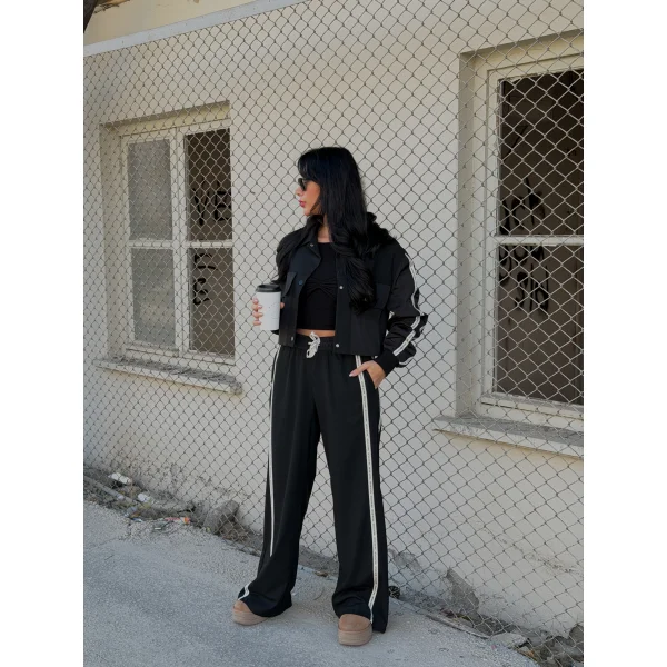 Teknik Kumaş Şerit Detaylı Ceket Pantolon Takım-Siyah