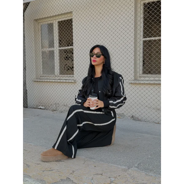 Teknik Kumaş Şerit Detaylı Ceket Pantolon Takım-Siyah