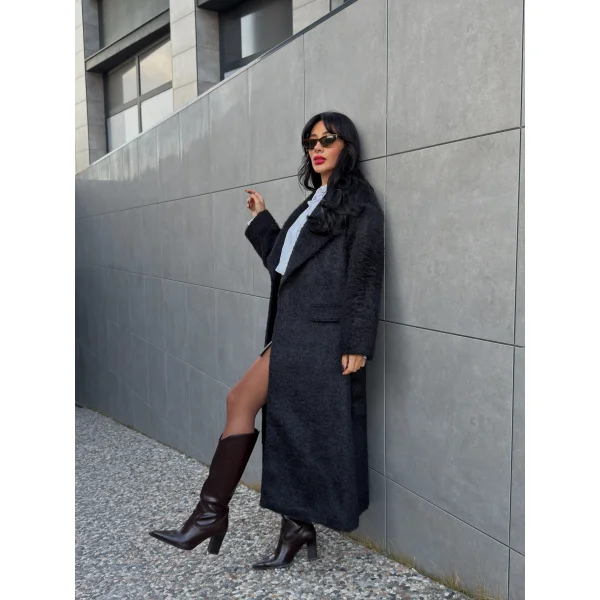 Bağlamalı Tüy Dokulu Yün Kaban-Siyah