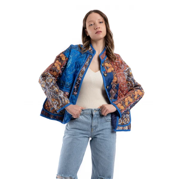 Etnik Desen Mavi Kapitone Ceket