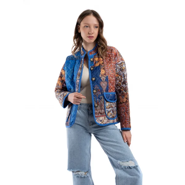 Etnik Desen Mavi Kapitone Ceket