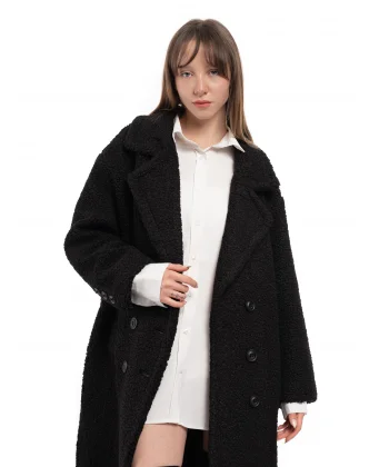 Yün Karışımlı Düğmeli Peluş Kaban Siyah