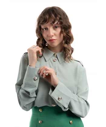Mint Yeşil Apoletli Gold Düğmeli Gömlek