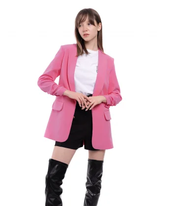 Atlas Kumaş Büzgü Kol Pembe Blazer Ceket