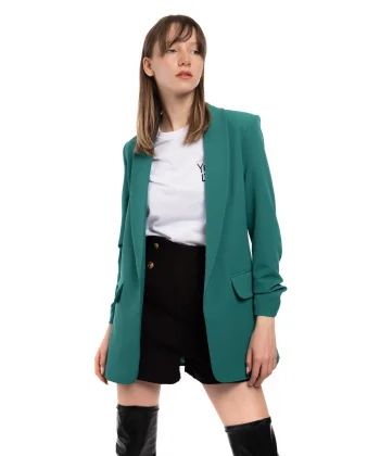 Atlas Kumaş Büzgü Kol Tam Kalıp Astarlı Yeşil Blazer Ceket