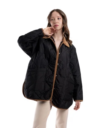 Oversize Kapitone Kadife Yaka Siyah Mevsimlik Ceket