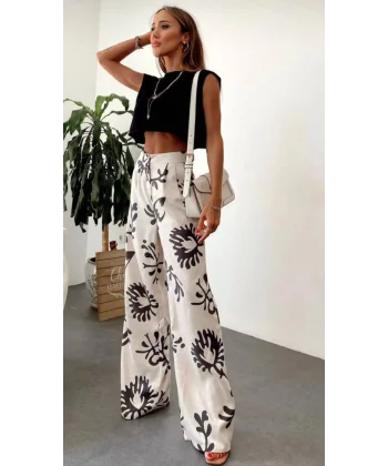 Siyah Çiçek Desenli Krem Palazzo Keten Pantolon