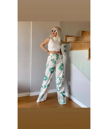 Yeşil Çiçek Desenli Krem Palazzo Keten Pantolon