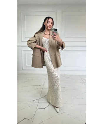 Ekru Dantel Detay Askılı Elbise