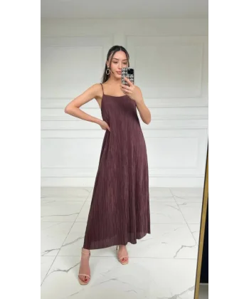 KAHVERENGİ FİTİLLİ ASKILI ELBİSE