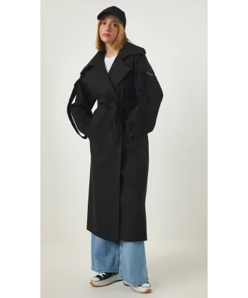 PREMİUM MODEL KOLDA CEP DETAYLI YÜN KABAN SİYAH