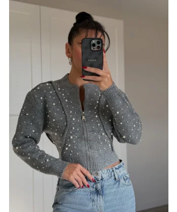 Gri Ters Dikiş İnci Detaylı Hırka