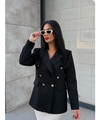 Simli Şanel Kruvaze Siyah Blazer Ceket