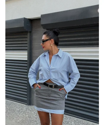 Kemer Aksesuarlı Kumaş Garnili Mini Etek-Gri