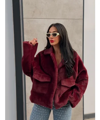 Cepli Alpaka Kürk Kısa Kaban-Bordo