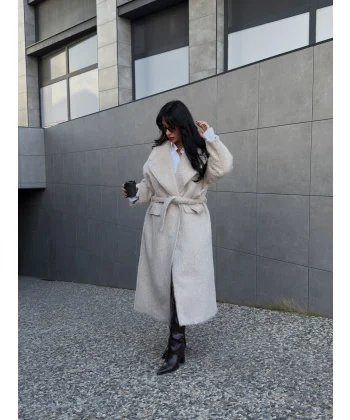 Bağlamalı Tüy Dokulu Yün Kaban-Bej