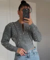 Gri Ters Dikiş İnci Detaylı Hırka