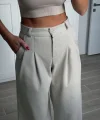 Balıksırtı Pamuklu Palazzo Pantolon Krem