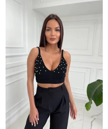 Siyah İnci Detay Triko Crop