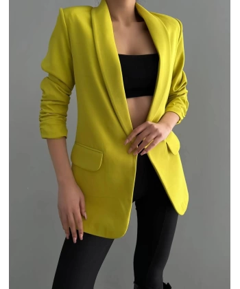 Atlas Kumaş Astarlı Büzgü Kol Tam Kalıp Hardal Blazer Ceket