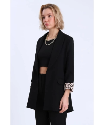Leopar Astarlı Şal Yaka Blazer Ceket Siyah