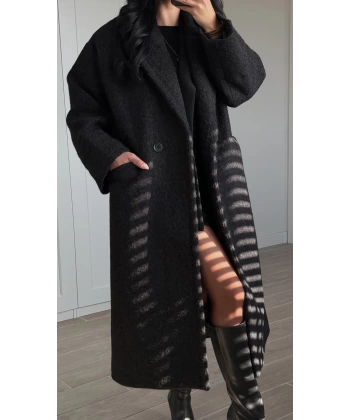 Yün Oversize Buklet Kaban Siyah