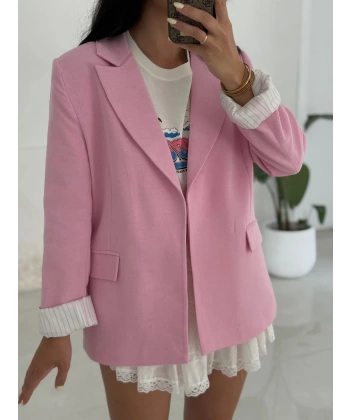 Çizgi Astarlı Keten Ceket-Pembe