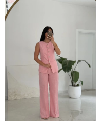 Karma Düğme Keten Yelek Pantolon Takım-Pembe