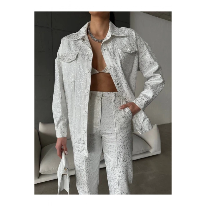 Gümüş Varaklı Beyaz Gabardin Takım