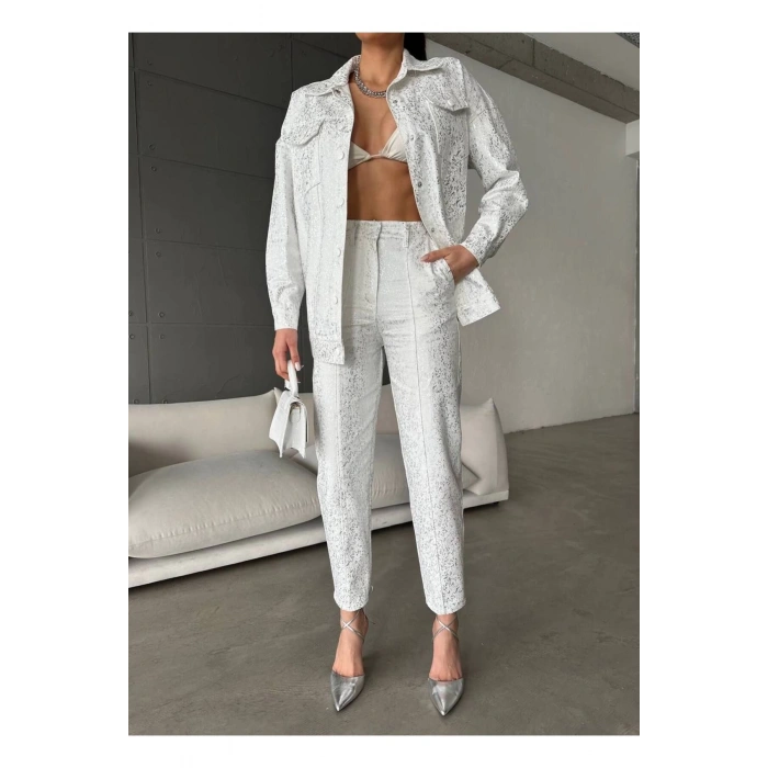 Gümüş Varaklı Beyaz Gabardin Takım