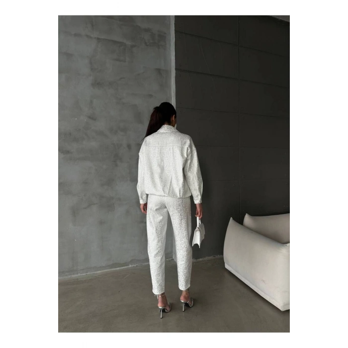 Gümüş Varaklı Beyaz Gabardin Takım