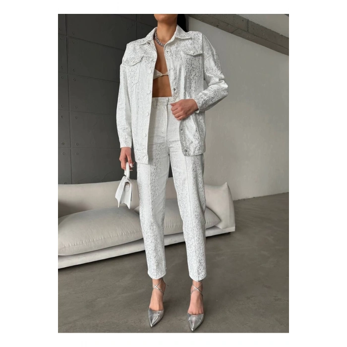 Gümüş Varaklı Beyaz Gabardin Takım