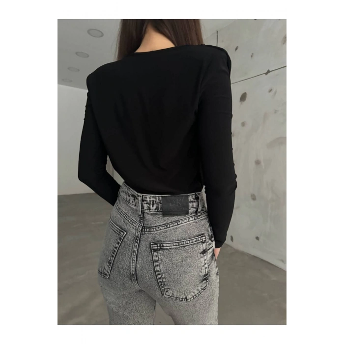 Siyah Kruvaze Yaka Vatkalı Bodysuit