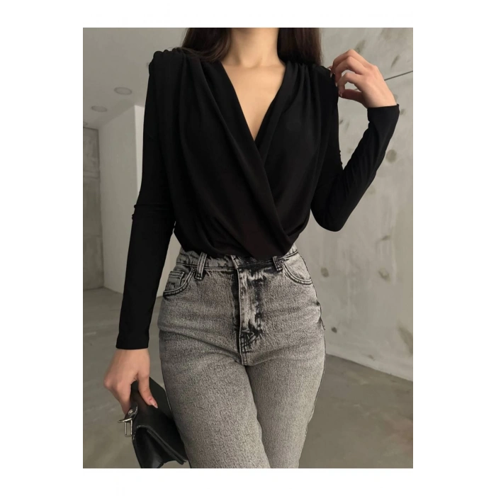 Siyah Kruvaze Yaka Vatkalı Bodysuit