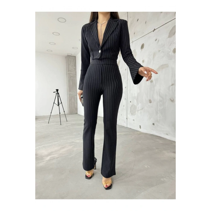 Siyah İspanyol Kollu İtalyan Çizgili Takım