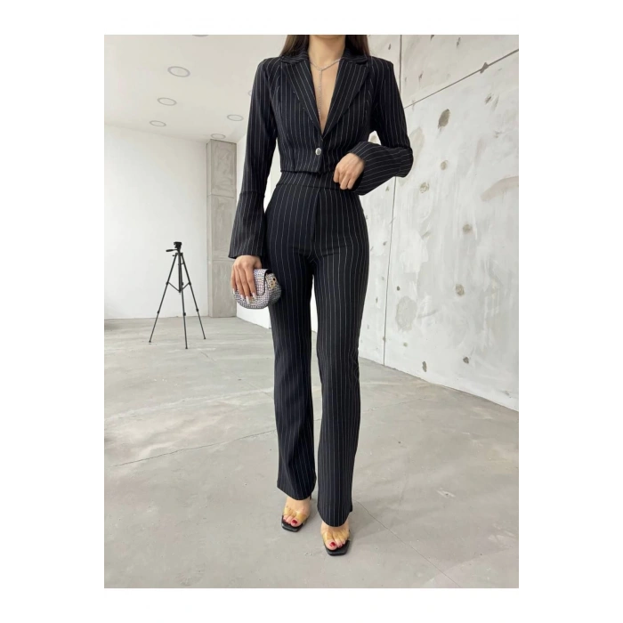 Siyah İspanyol Kollu İtalyan Çizgili Takım