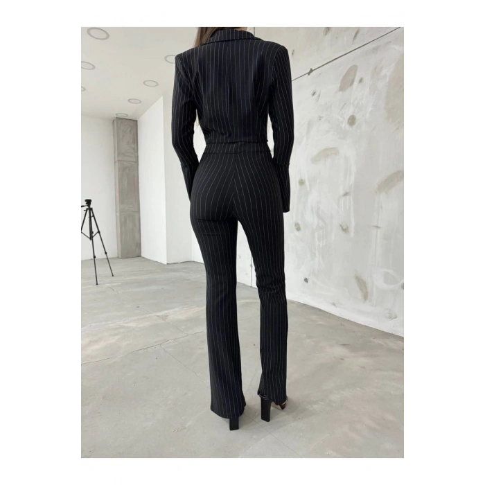 Siyah İspanyol Kollu İtalyan Çizgili Takım