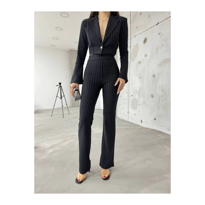 Siyah İspanyol Kollu İtalyan Çizgili Takım